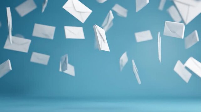 White envelopes tumbling through a blue void, conveying communication
