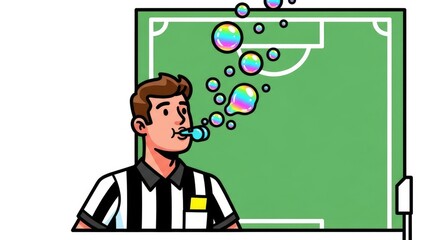 Soccer Referee Blowing Bubbles on Field.