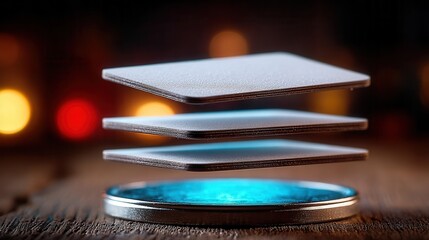 Futuristic digital interface showcasing layered data and glowing energy on a textured wooden surface with bokeh background