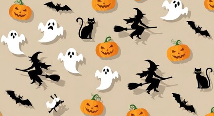 Spooky Halloween Pattern with Ghosts Pumpkins Witches and Bats.