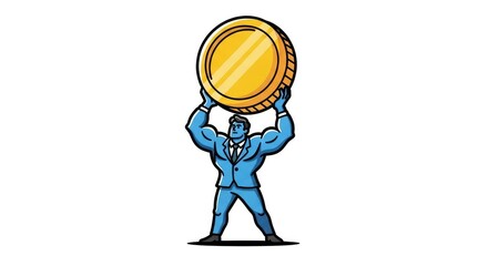 Strong Businessman Lifting Gold Coin Illustration.