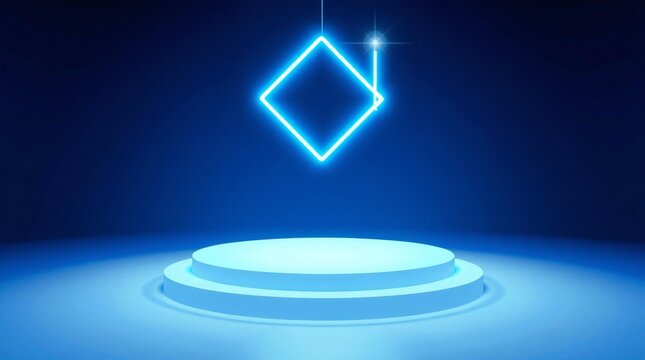 Glowing blue diamond shape above a futuristic podium in dark blue background