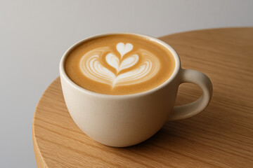 Creamy hot latte in ceramic cup with heart shaped foam art on wooden table, calming morning beverage moment