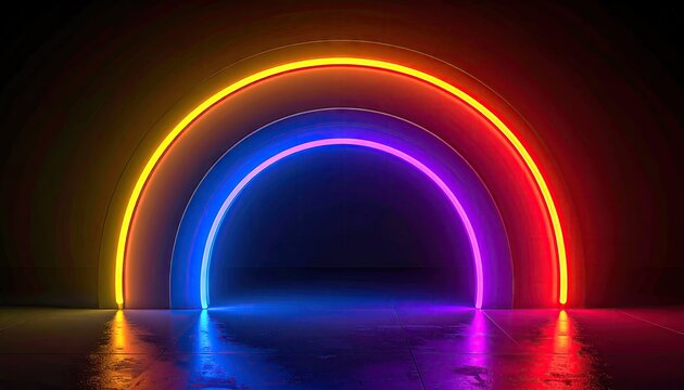Arched neon lights glow, reflecting in a sleek surface