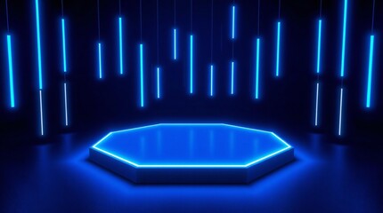 Futuristic neon octagon stage with vertical blue light streaks