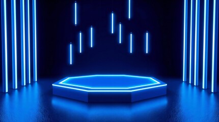 Futuristic neon octagon stage with vertical blue lights