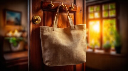Rustic burlap tote bag hanging on wooden door with warm sunlight streaming through window, evoking cozy home feeling