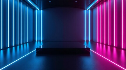 Futuristic neon corridor with blue and pink lights and dark platform