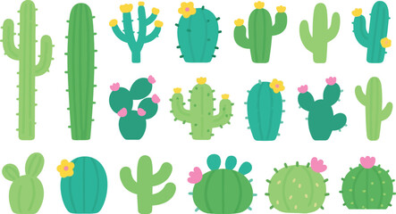 Illustrations of cacti and succulents collection for desert theme with flowers. Decorative elements for prints and interior. Trendy cacti set.