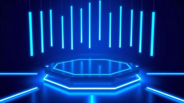 Futuristic neon octagonal stage with vertical blue lights