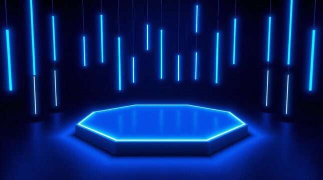 Futuristic neon octagon stage with vertical blue light streaks
