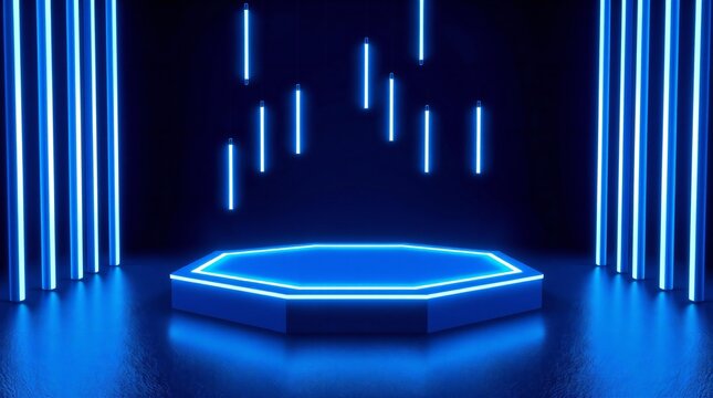 Futuristic neon octagon stage with vertical blue lights