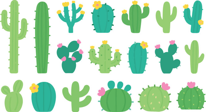 Illustrations of cacti and succulents collection for desert theme with flowers. Decorative elements for prints and interior. Trendy cacti set.