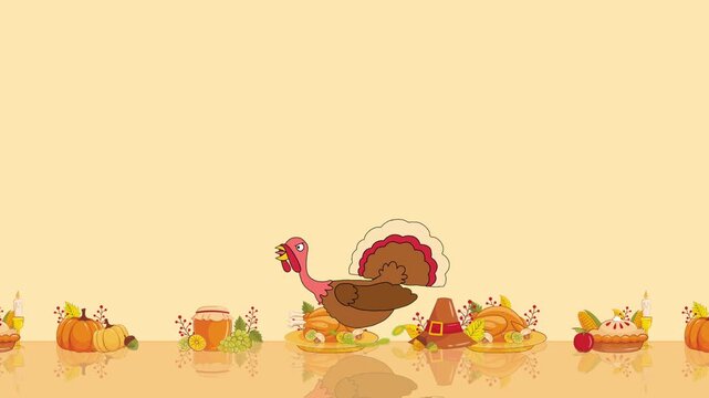 Loopable animation of a turkey bird running fast past a Thanksgiving dinner table. Funny and festive holiday scene symbolizing celebration, harvest, and joyful Thanksgiving tradition.