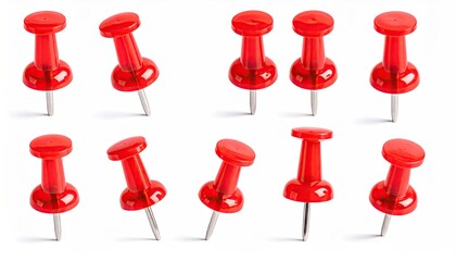 Ten red push pins on white. Close up. Simple, bright