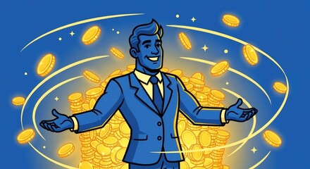 Successful Businessman Surrounded by Golden Coins.