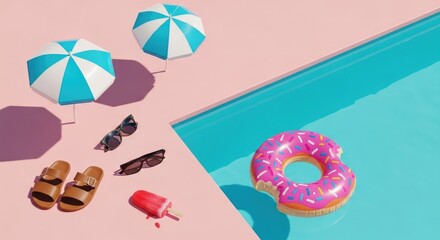 Summer Poolside Fun with Umbrellas, Sandals, Sunglasses, and Donut Float.