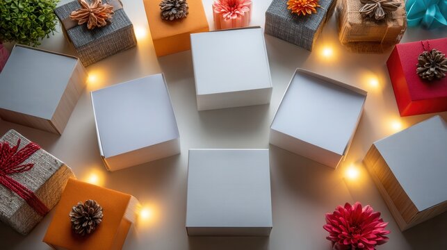 Unbox joy and surprise with beautifully wrapped gift boxes and festive fairy lights creating a magical gifting atmosphere