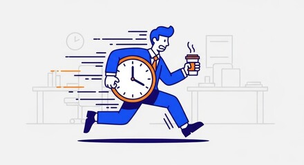 Businessman Rushing with Clock and Coffee.
