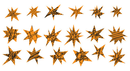 Crayon scribble star shapes set. Hand cut collage paper stars with jagged edges, funky doodles, and rough chalk textures. Kids scrapbook vector elements.