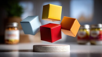 Vibrant colored cubes dynamically suspended above a textured pedestal creating a sense of motion and innovation