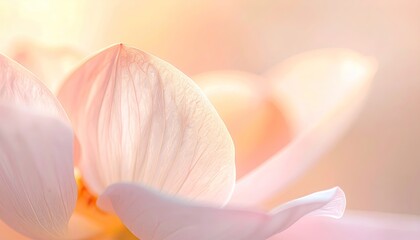 Close Up Macro of Delicate Pink Lotus Flower Petals with Soft Golden Backlighting and Gentle Water Droplets on a Serene Background