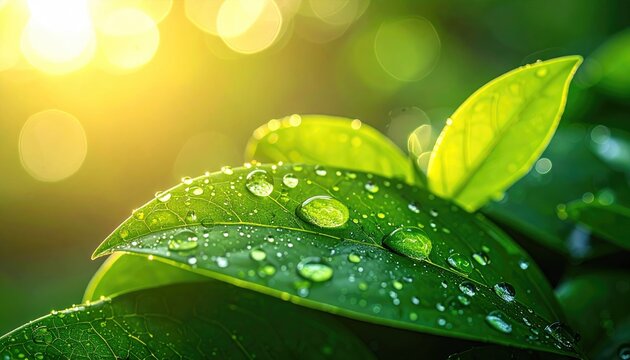 Close up Macro Of Vibrant Green Leaves Covered In Dew Drops With Soft Golden Sunlight And Bokeh Background