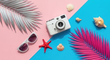Summer Vacation Essentials Flat Lay with Camera and Palm Leaves.