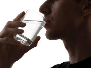 Asian man drinking a glass of mineral water, isolated on white background