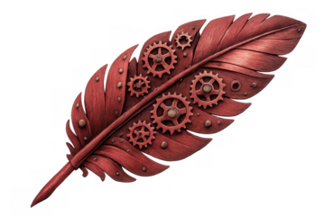 Steampunk quill pen concept with flying feathers and ornate gears creating a vintage writing instrument design