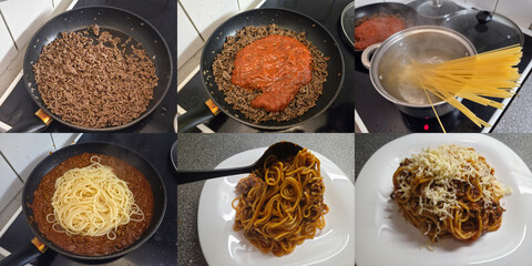 A six-step photo collage illustrating the homemade process of preparing Spaghetti Bolognese, including browning meat, simmering sauce, boiling pasta, mixing, and the final dish with grated Parmesan.