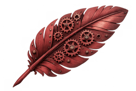 Steampunk quill pen concept with flying feathers and ornate gears creating a vintage writing instrument design