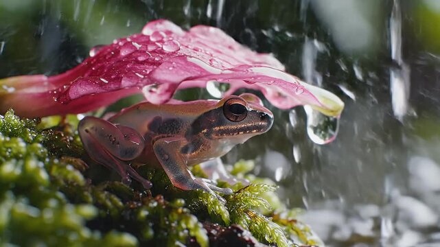 Tiny frog shelters under a flower petal during a gentle rain shower, surrounded by lush green moss