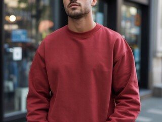 Obraz premium Male model in red crew neck sweatshirt street style