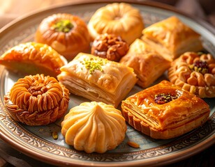 Assorted golden middle eastern pastries and baklava on a rustic plate, featuring various shapes and rich flavors.