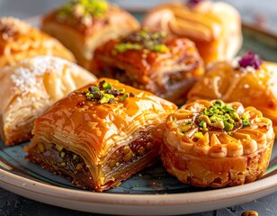 Decadent, sticky baklava and middle eastern pastries on a platter, rich with nuts and honey syrup.