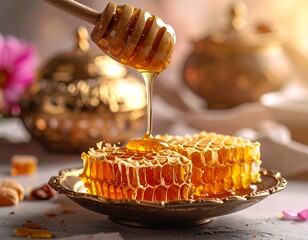 Golden honey dripping from a dipper onto two slices of natural honeycomb on a decorative plate with warm lighting.
