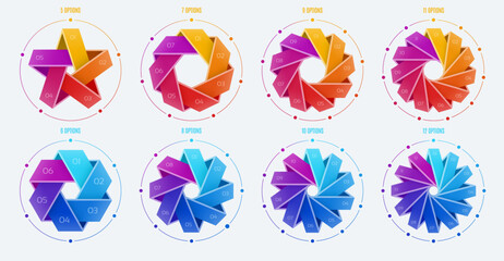 Circular diagram template with 5-12 options, infographic vector illustrations set.