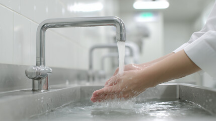 Close-up photo of hands washing at a factory sink