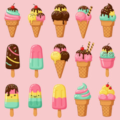 Cartoon Ice Cream Cones and Popsicles Collection on Pink Background