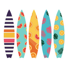 Summer Surfboards Collection with Tropical Patterns and Citrus Fruits