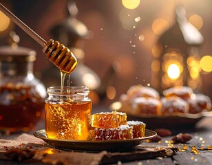 Honey dipper dripping golden liquid into a jar, set beside honeycomb slices on a small plate with bokeh lights.