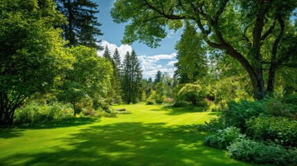 Obraz premium Lush green lawn stretches through a garden filled with various trees and shrubs under a partly cloudy sky