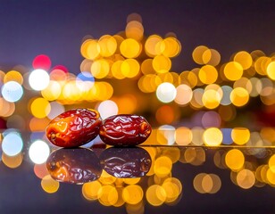 Close-up of fresh dates with golden bokeh lights, symbolizing Ramadan night celebration and sweetness