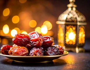 Close-up of a golden plate piled with luscious dates, beside a glowing arabian lantern and bokeh.