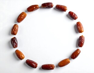 Dried dates of various shades arranged in a circular frame pattern on a clean, bright white background, copy space.