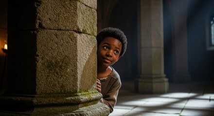 A young boy peeks from behind a stone pillar in a dimly lit room with a window and candle light source