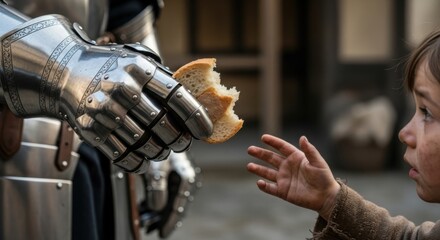 A knight in shining armor offers a piece of bread to a young boy with outstretched hand reaching out