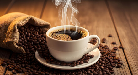 Aromatic cup of steaming hot black coffee on a rustic wooden table, with roasted beans spilling from a burlap sack