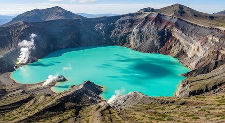 Naklejka premium Aerial view of a turquoise lake in a volcanic crater surrounded by mountains.